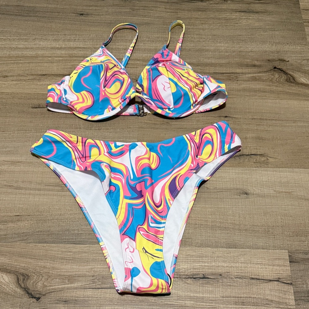 NWOT SHEIN Colorful Swirl Print Bikini Set - Blue, Pink & Yellow